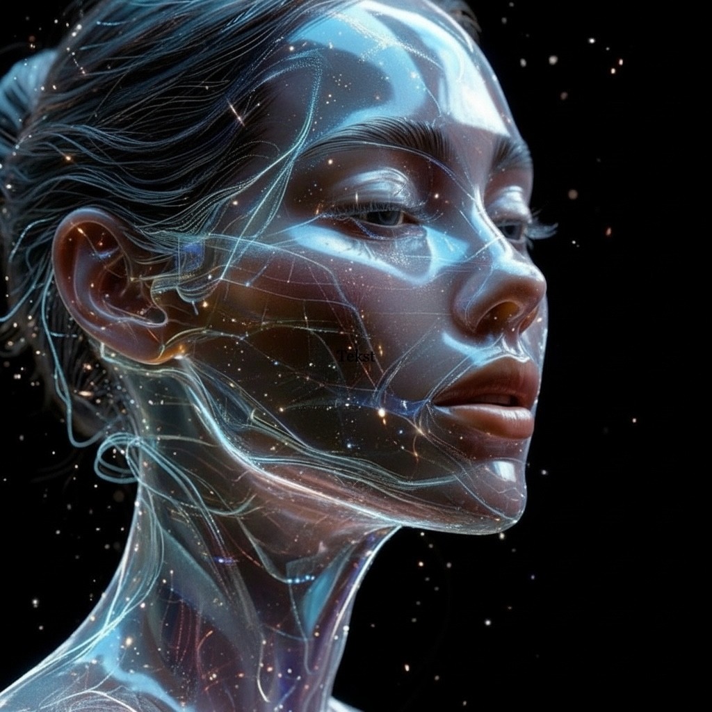 Hyperrealistyczny profil kobiety z kosmiczną szklaną skórą