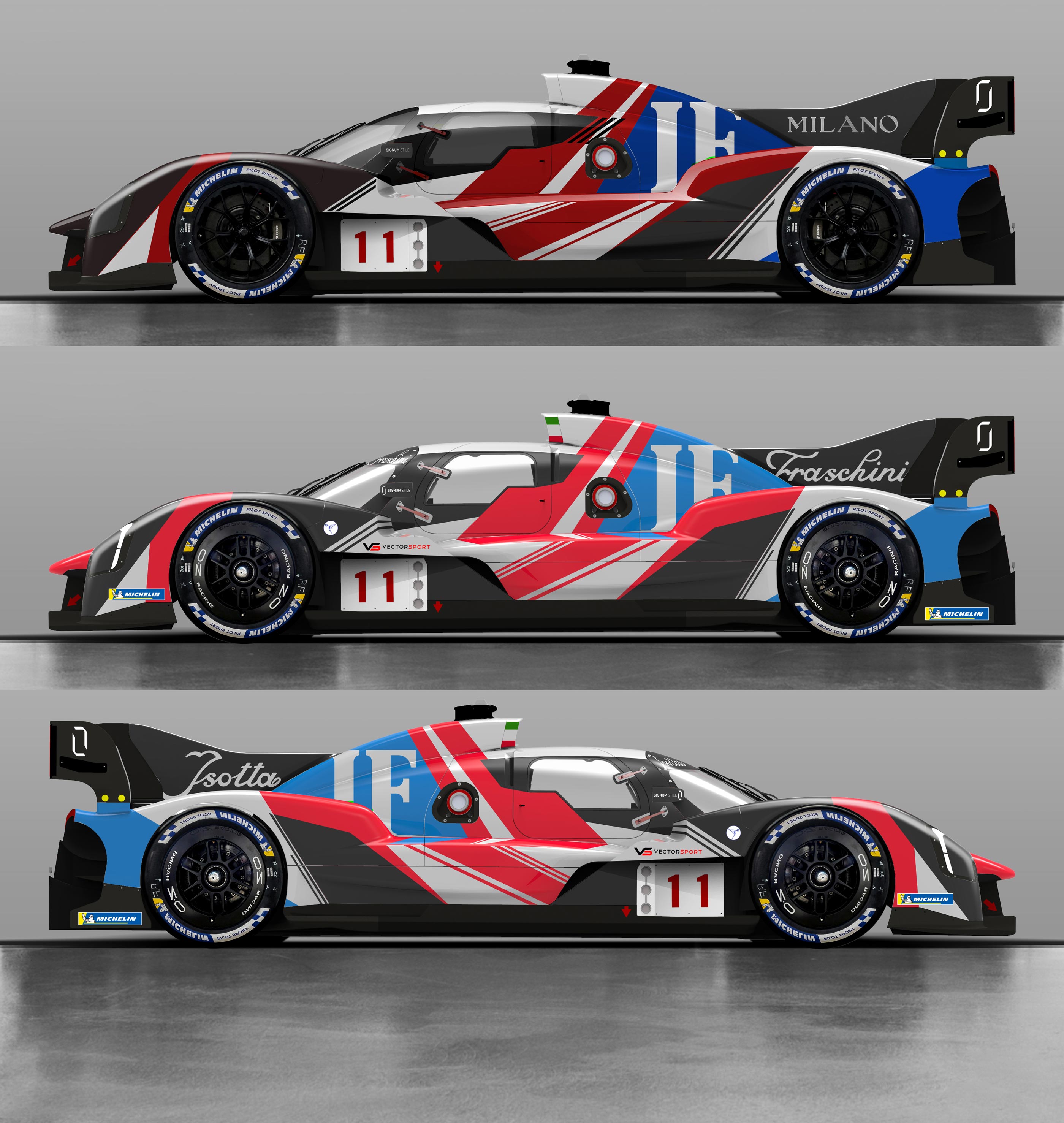 Isotta Fraschini hypercar on track with custom livery design, design sketch side views