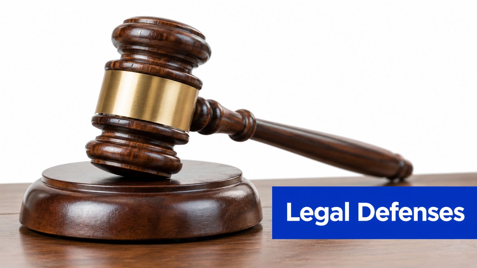 A wooden judge's gavel resting on a block with the text Legal Defenses displayed on the right.