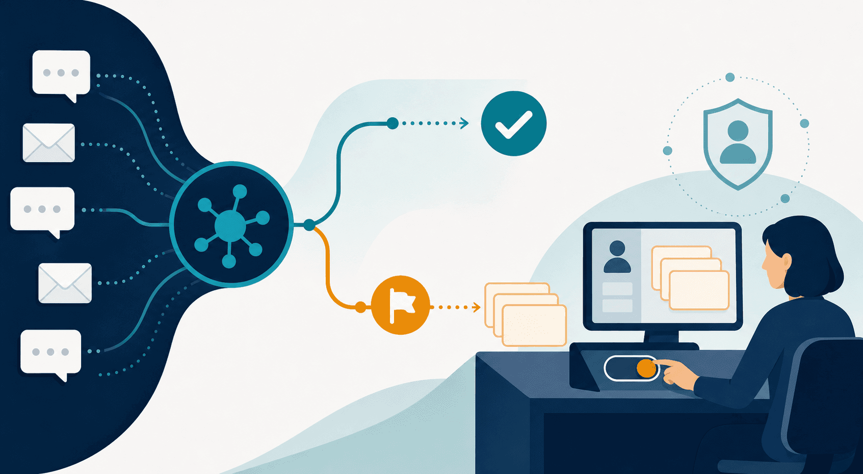 Create a text-free editorial illustration for a serious enterprise compliance article, specifically the section on human oversight and escalation in autonomous support workflows. Wide landscape composition, restrained navy, teal, warm white and small amber accents, precise flat vector forms with subtle dimensional depth and ample negative space. Show incoming support requests as blank chat bubbles and envelope pictograms entering an abstract connected processing node on the left. A clear branching path sends ordinary requests toward a simple checkmark, while an amber flagged request travels with a small stack of blank context cards to a human reviewer at a workstation on the right. The reviewer visibly controls a pause switch on the workflow, conveying authority to intervene rather than merely observe. Keep the flow simple and readable, focused on escalation ownership and preserved context. Purely visual pictograms and geometry. No text, words, letters, numbers, typography, labels, logos, watermarks, or simulated writing anywhere in the image. No robot mascots, legal certification seals, or claims of guaranteed compliance.