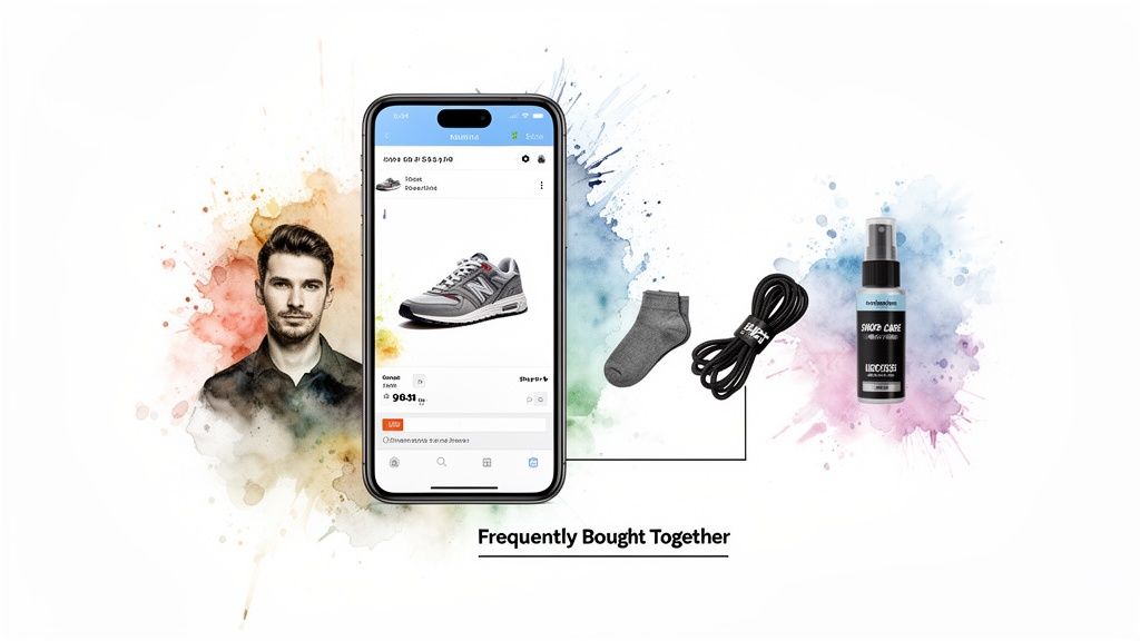 E-commerce mobile app showing New Balance sneakers, paired with socks, shoelaces, and shoe care spray as 'Frequently Bought Together' items.
