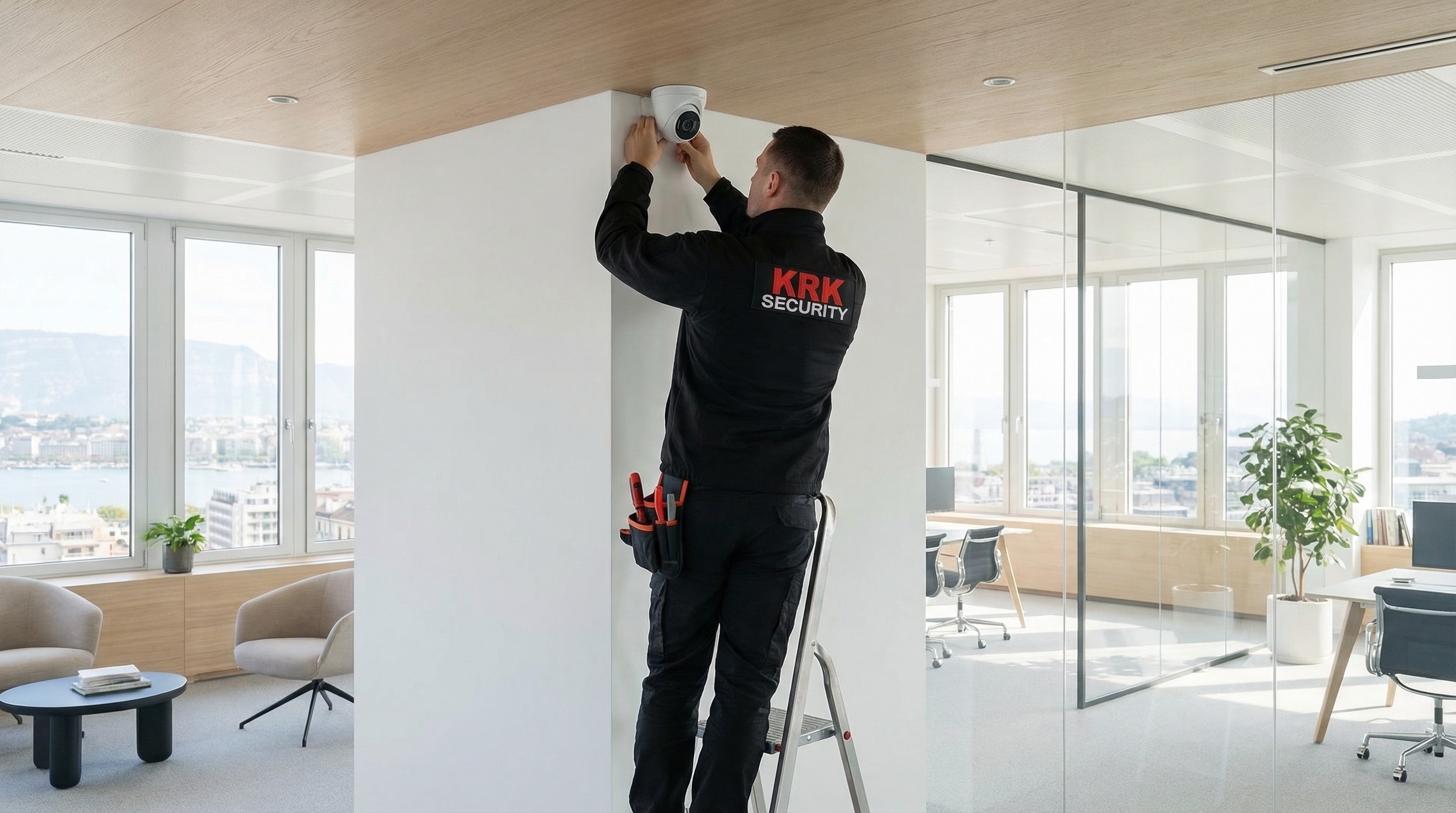 Agent KRK Security installant un système de vidéosurveillance dans un bureau à Genève