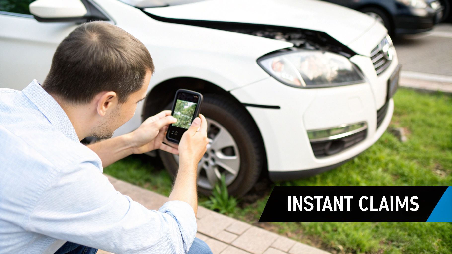 A man uses his smartphone to photograph a damaged white car for instant insurance claims.
