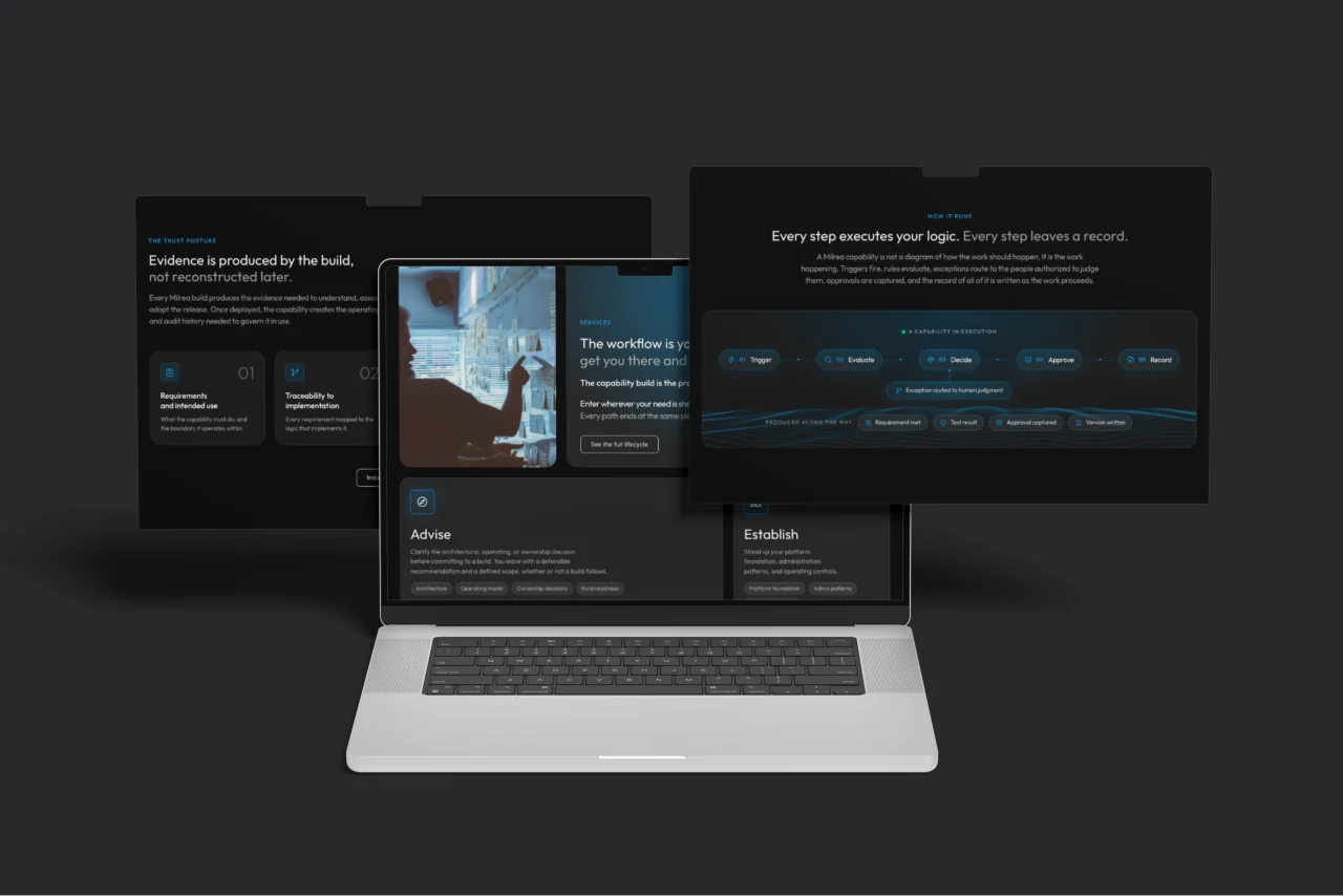 Milrea website pages showing dark layouts, workflow diagrams, and blue accents around a laptop.