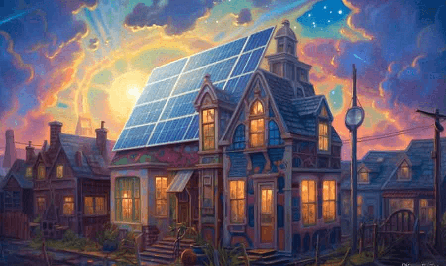 Een energiezuinig gebouw met zonnepanelen op het dak.