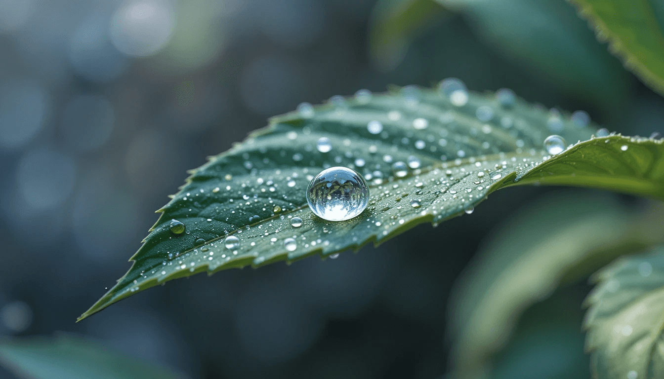 Dew drop on leaf symbolizing fragility and impermanence of human life and the urgency of spiritual clarity