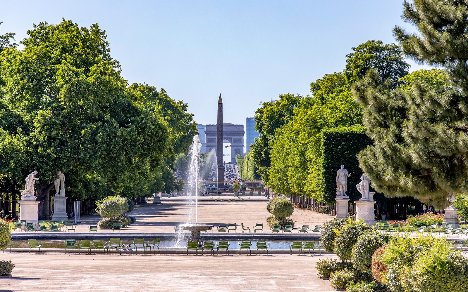 View of Place de la Concorde and Arc de Triomphe from Tuileries Garden, Paris.