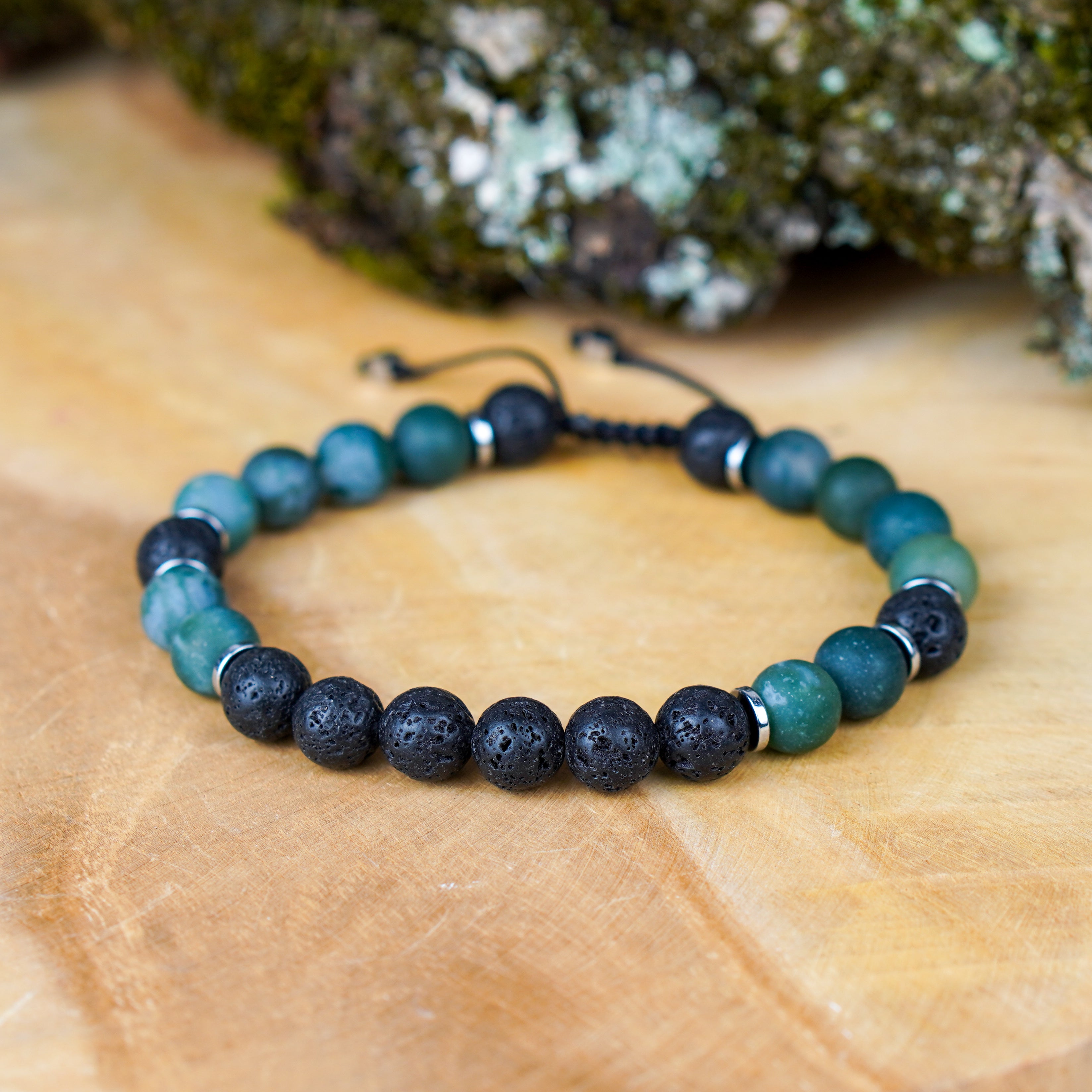 Surowa bransoletka męska z kamieni naturalnych – agat mszysty, lawa i hematyt, kolekcja RAW