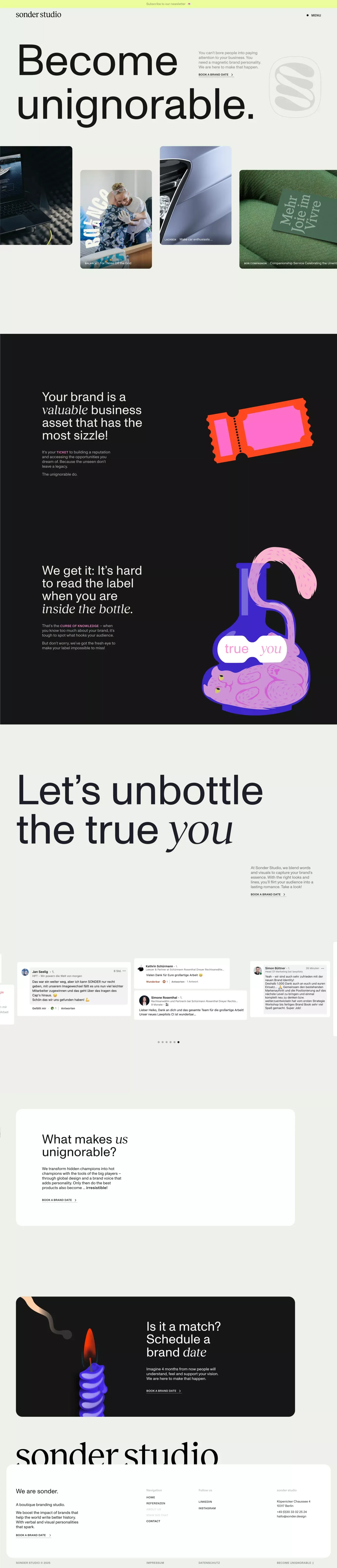 Sonder Studio – Become unignorable with portfolio page screenshot showcasing Design and Writing design