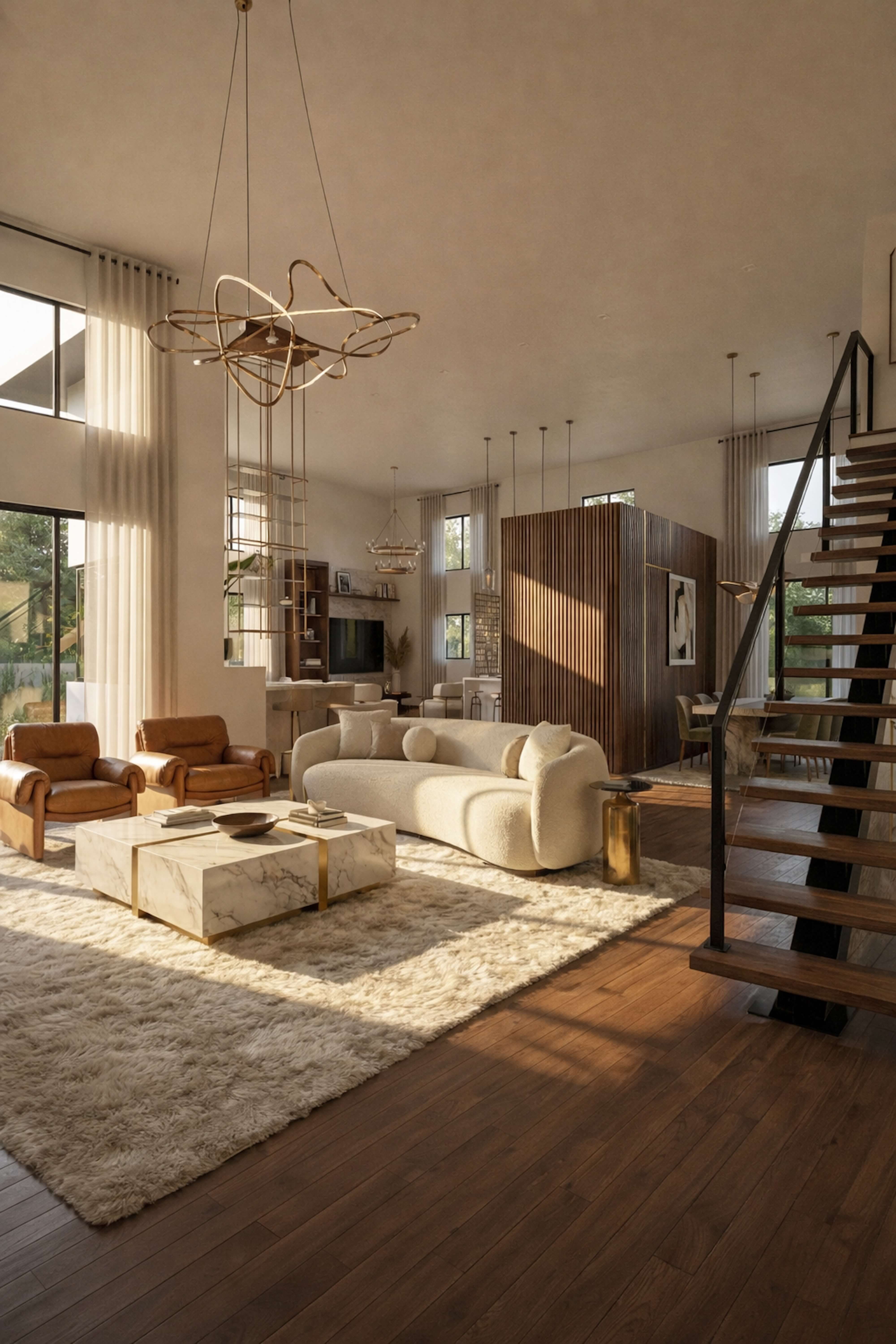 Double-height living room with sculptural lighting, warm wood floors, and soft neutral seating.
