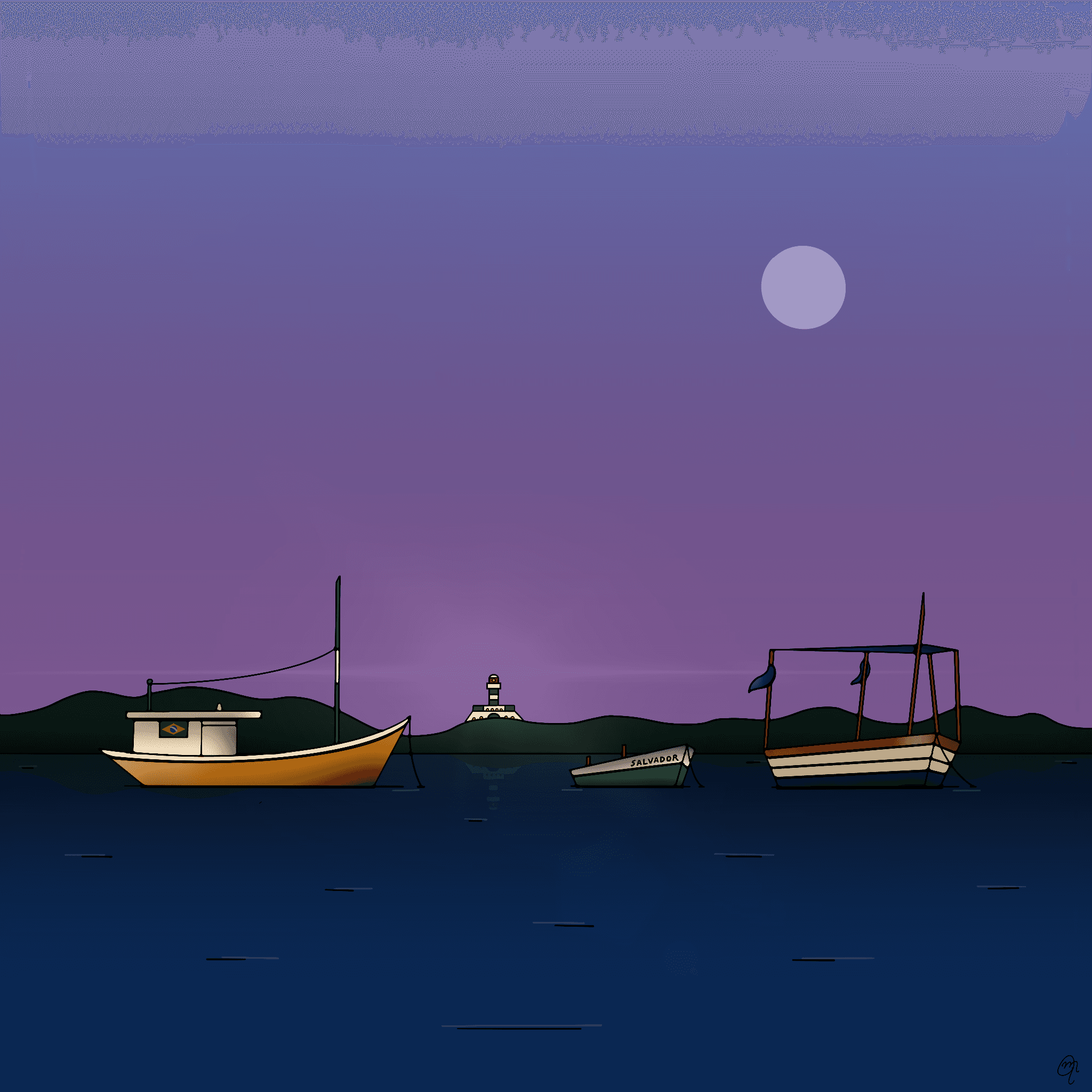 Illustration of small boats anchored along the Bahian shore; the infamous lighthouse in the background.