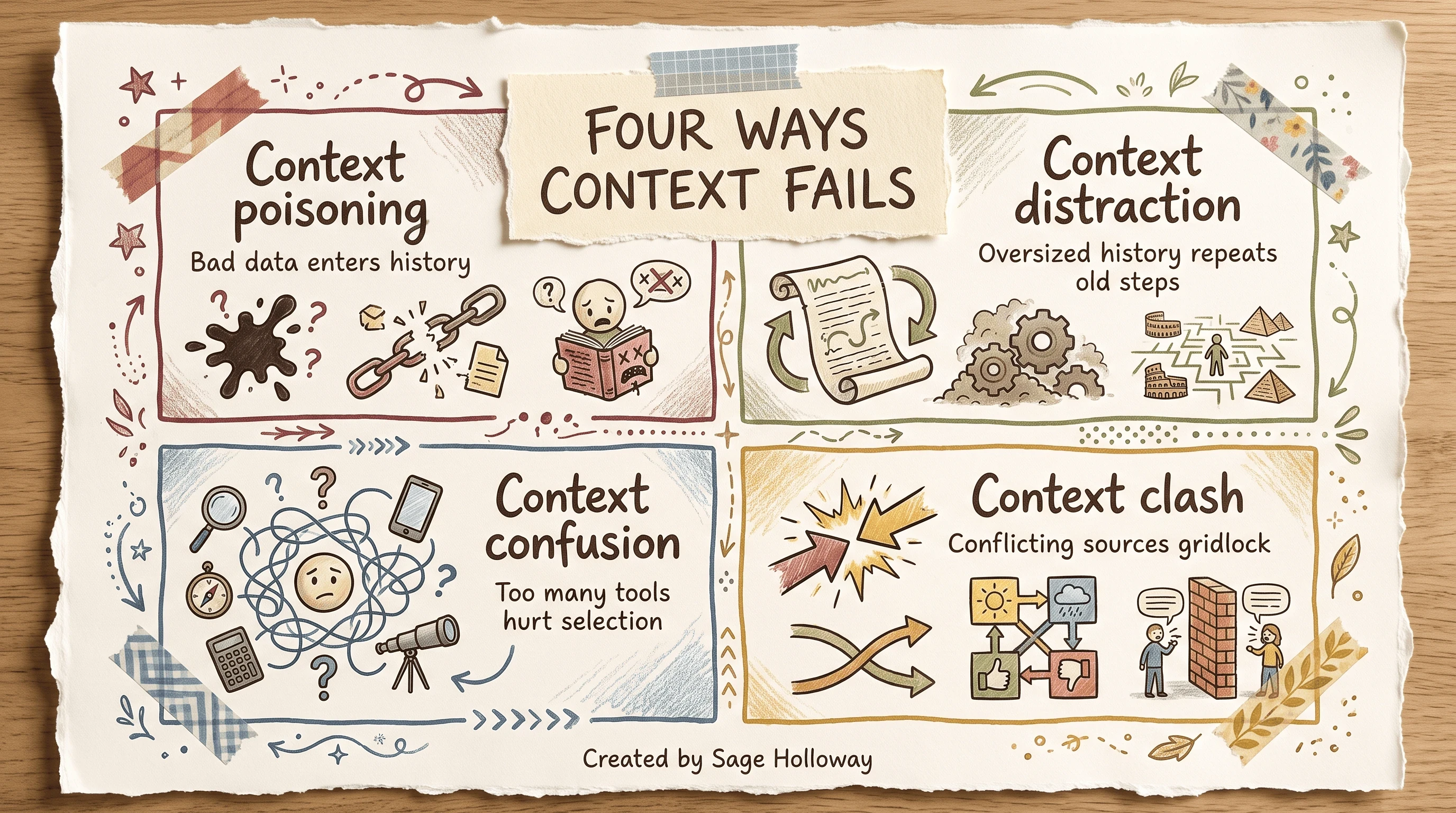 Scrapbook four-quadrant grid of context poisoning, distraction, confusion, and clash failure modes