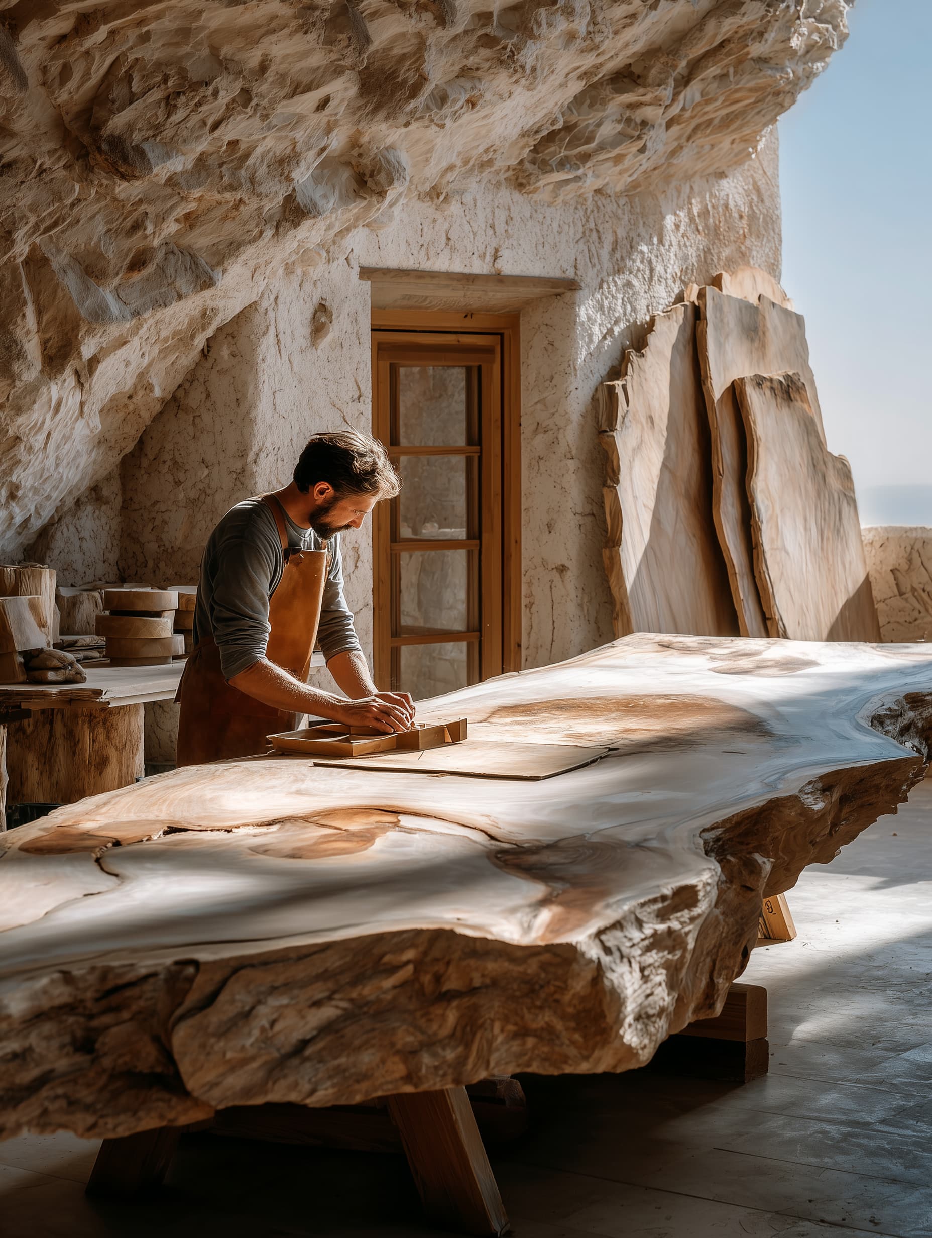 An artisan shaping a raw slab into its final form.