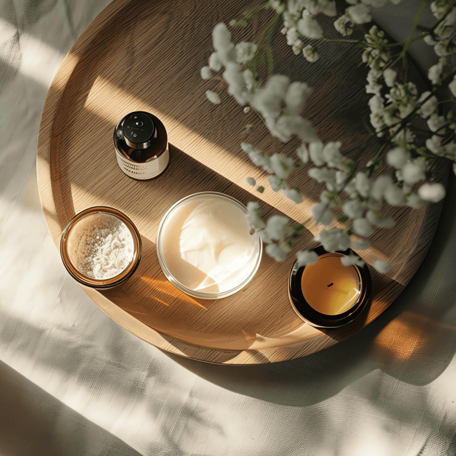 A serene spa side table with a candle, facial cream, and flowers