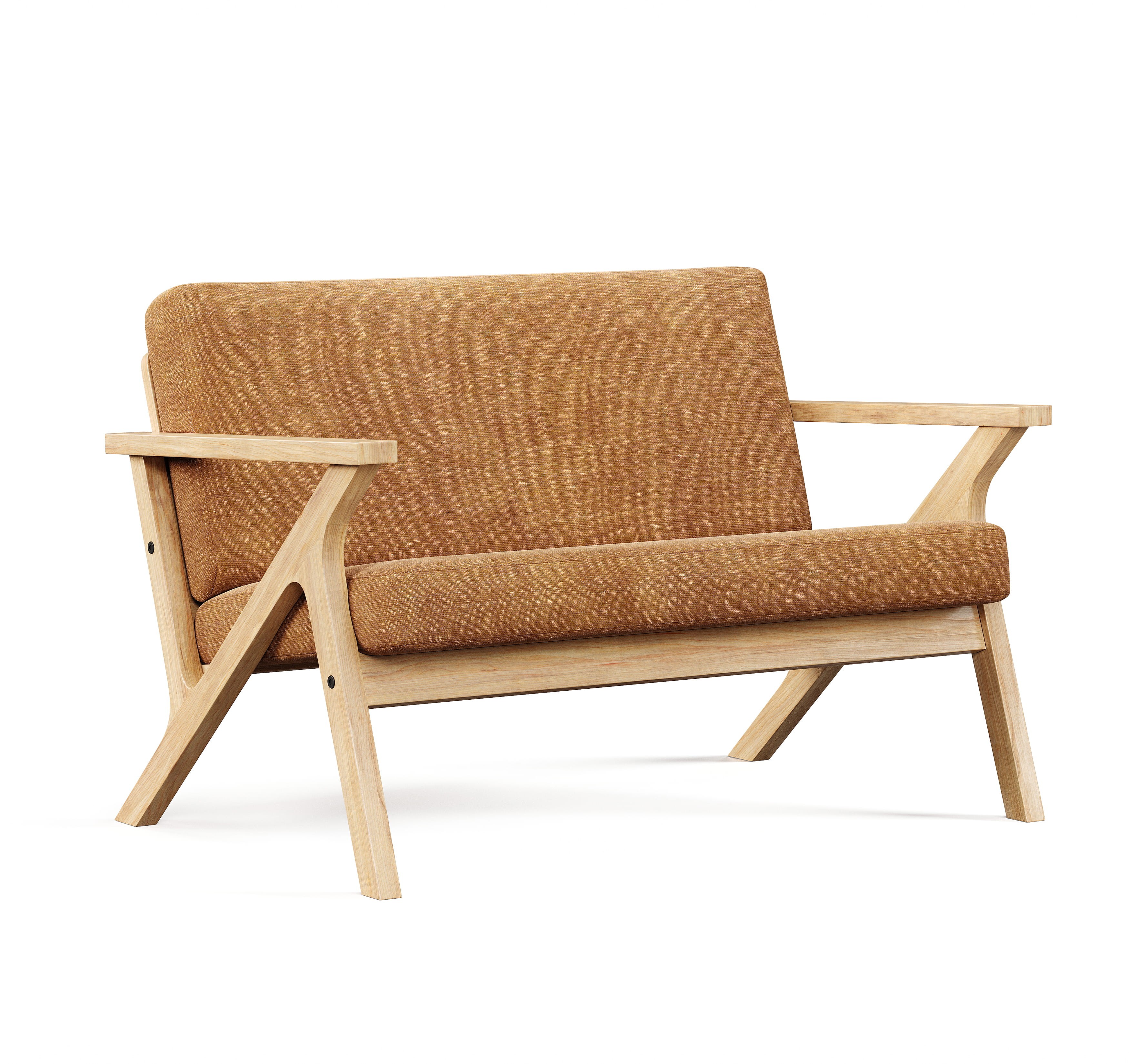 Low wooden sofa chair with tan fabric cushions, minimalist 3D side view