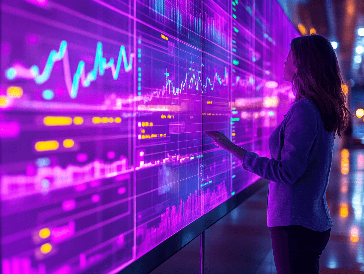 Frau steht vor beleuchteter Anzeige von KI-generierten Analysen