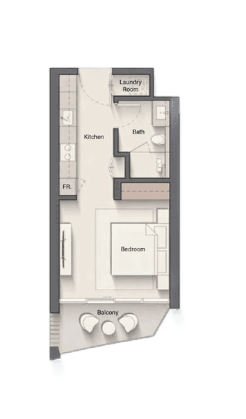 A floor plan of a studio apartment at Cala Del Mar by Ellington, showing a modern layout.