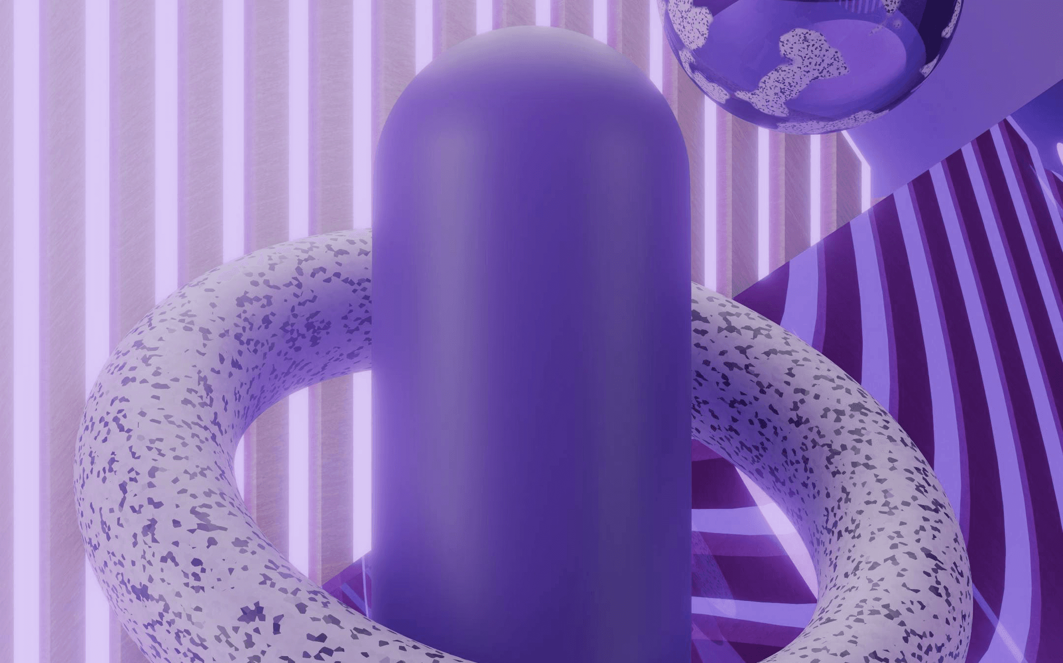Abstract purple 3D shapes. Cylinder, torus, and geometric design.