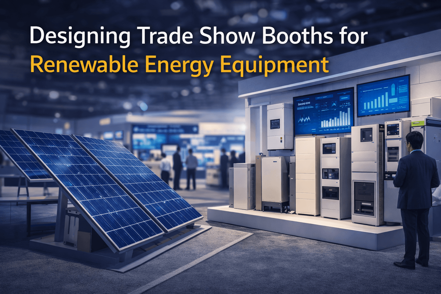 renewable energy equipment trade show booth with structured layout, technical product displays, and clear visitor pathways