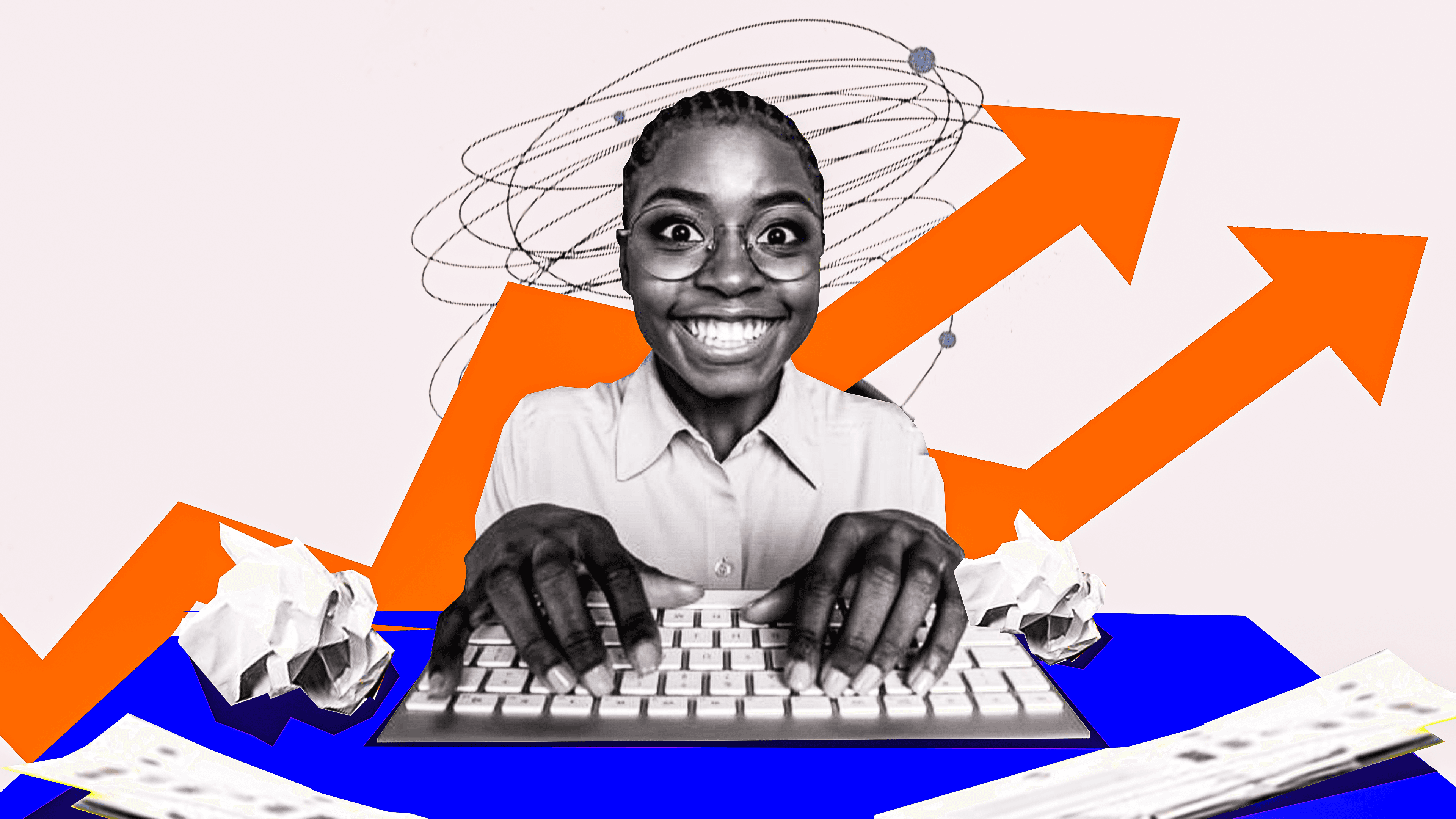 A confident African woman typing on a keyboard with rising orange arrows behind her, symbolizing progress and hope in the job market.