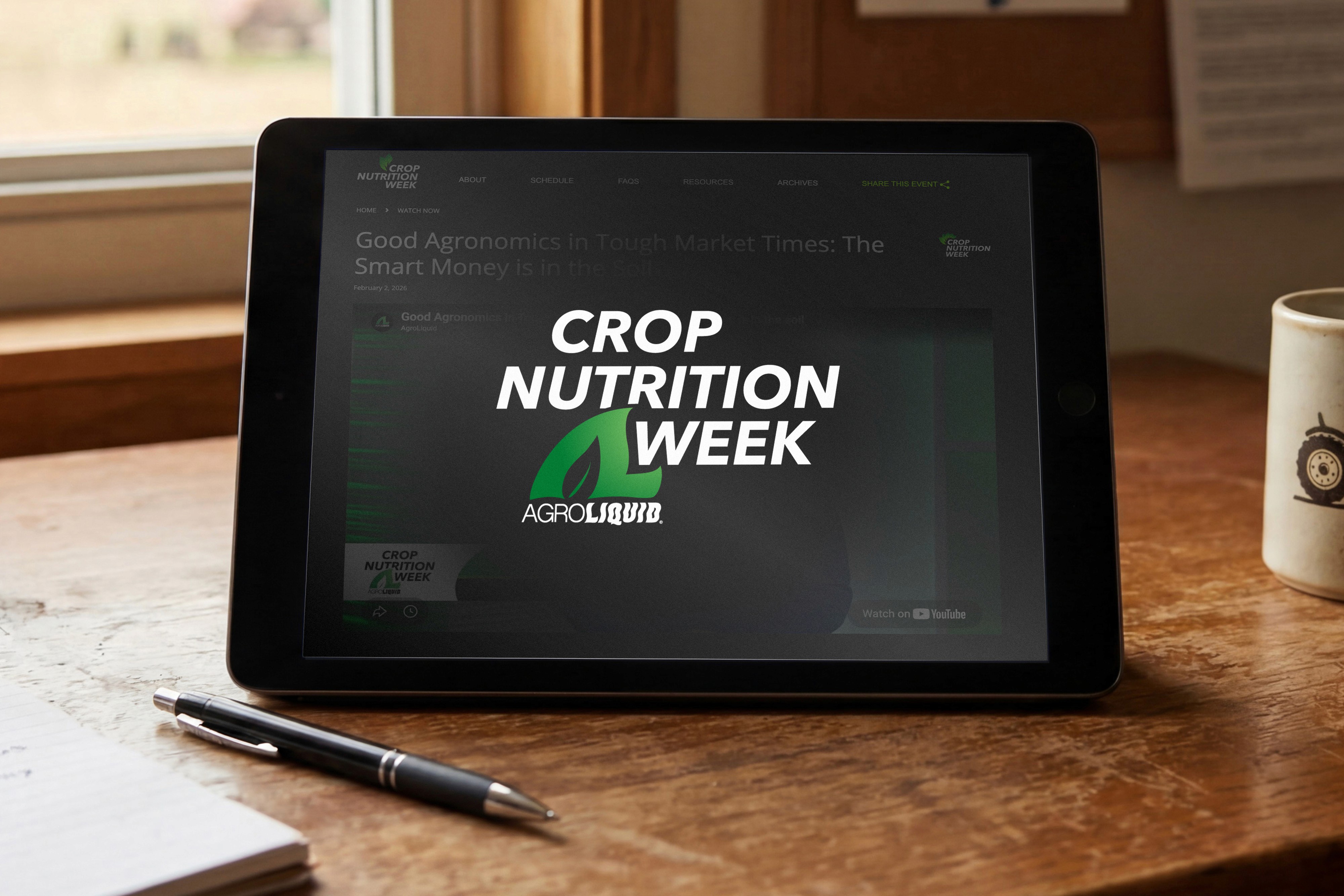 An ipad horizontal on a desk with a Crop Nutrition Week video ready to play. Pen, paper and coffee mug nearby.