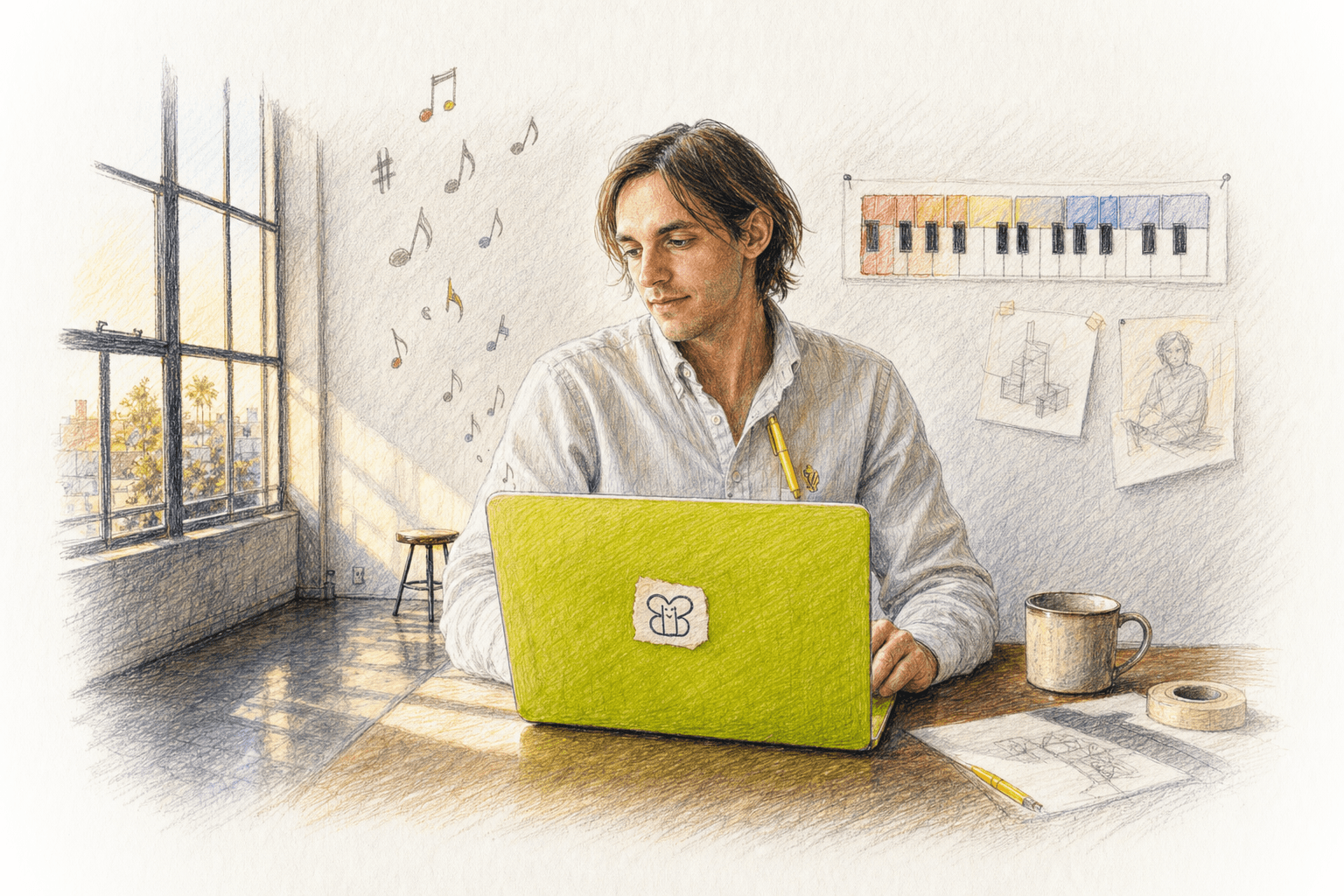 A colored-pencil drawing of the author in a studio with a chartreuse laptop, a ROYGBIV keymap pinned to the wall, and musical notes drifting toward the window.