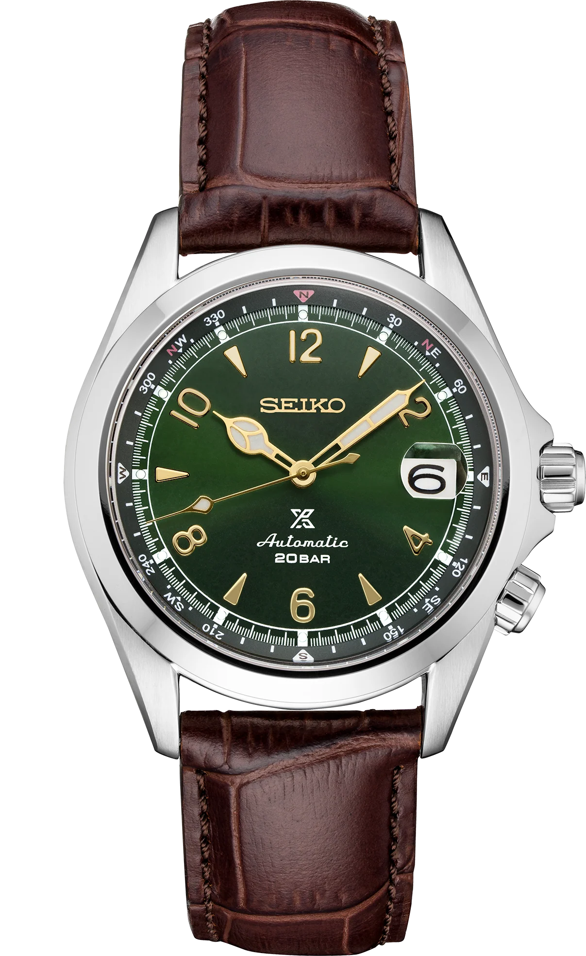 Seiko Alpinist SPB121 automatic field watch with a green dial, gold hands, compass bezel and brown leather strap.