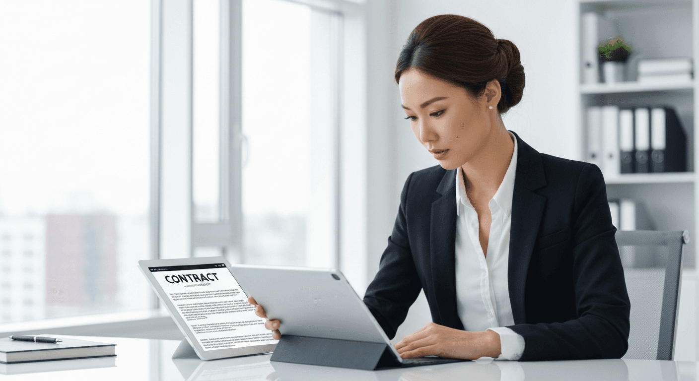 Businessperson reviews digital contract