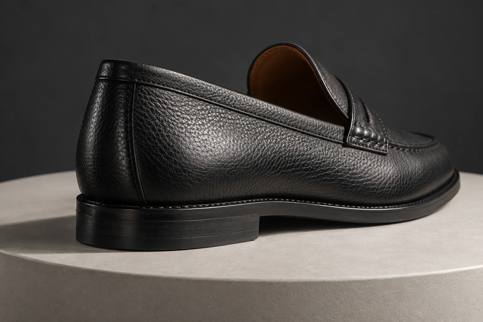 Conceptual black leather loafer heel, stitched rear seam and side resting on a pale turntable