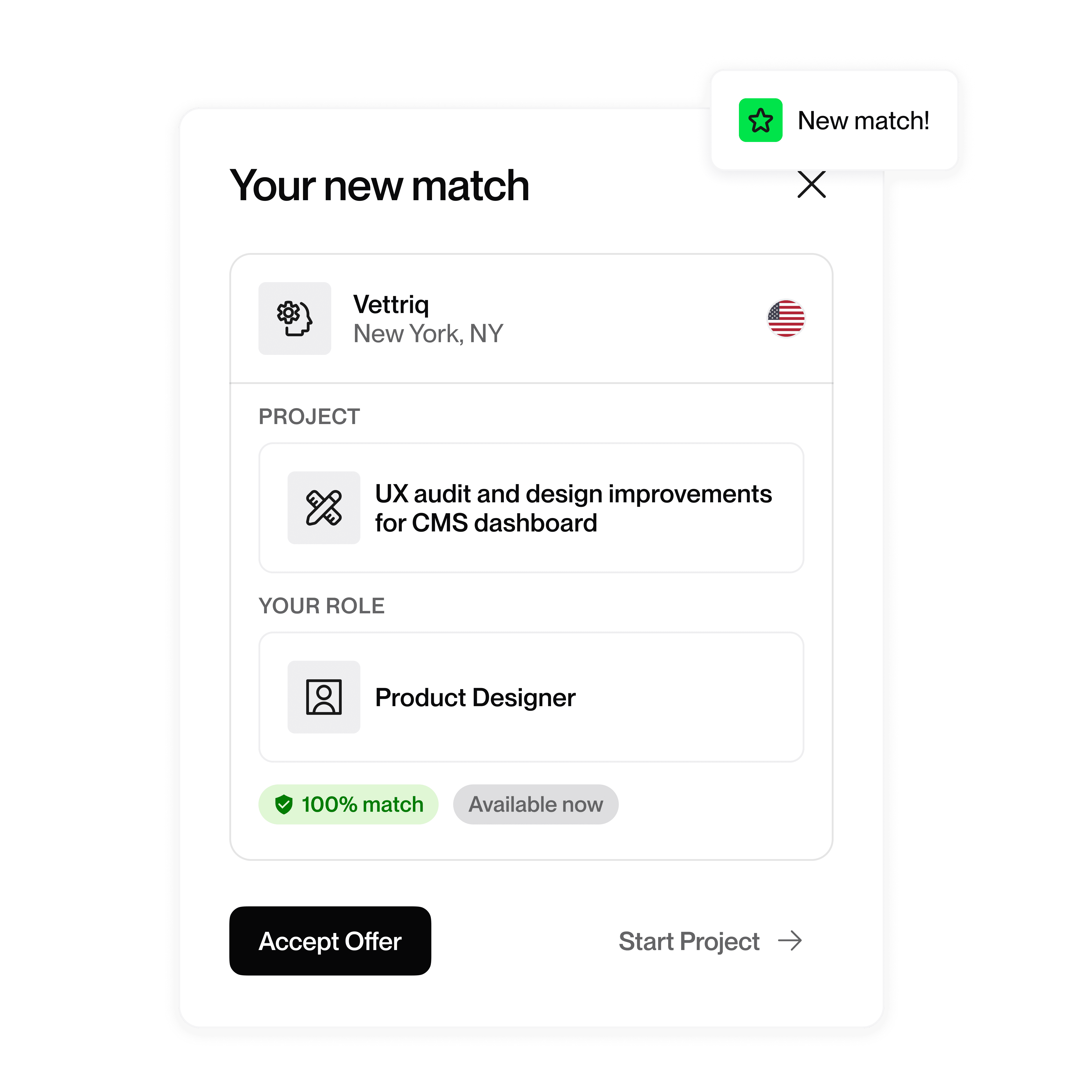 New match notification showing project for UX audit and CMS dashboard design, role as Product Designer, marked 100% match with accept offer option.
