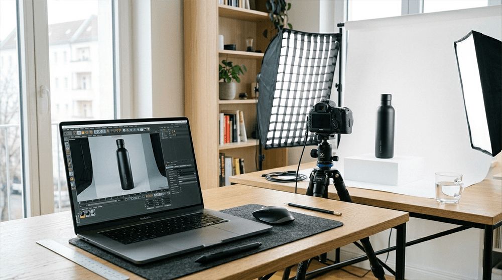 Arbeitsplatz mit MacBook Pro, das eine Cinema 4D 3D-Visualisierung einer schwarzen Trinkflasche zeigt, daneben ein Kamera-Setup mit Softboxen und derselben Flasche als physisches Fotoobjekt.
