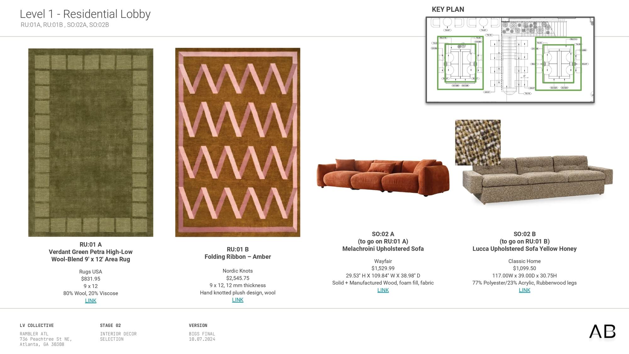 Level 1 Residential Lobby furniture board by LV Collective with Rugs USA and Nordic Knots rugs, upholstered sofas, and floor layout plan.