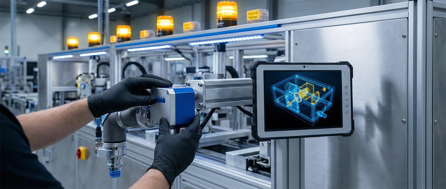 Precision technical training using 3D motion graphics and tablet-based SOPs in a Denver manufacturing facility.