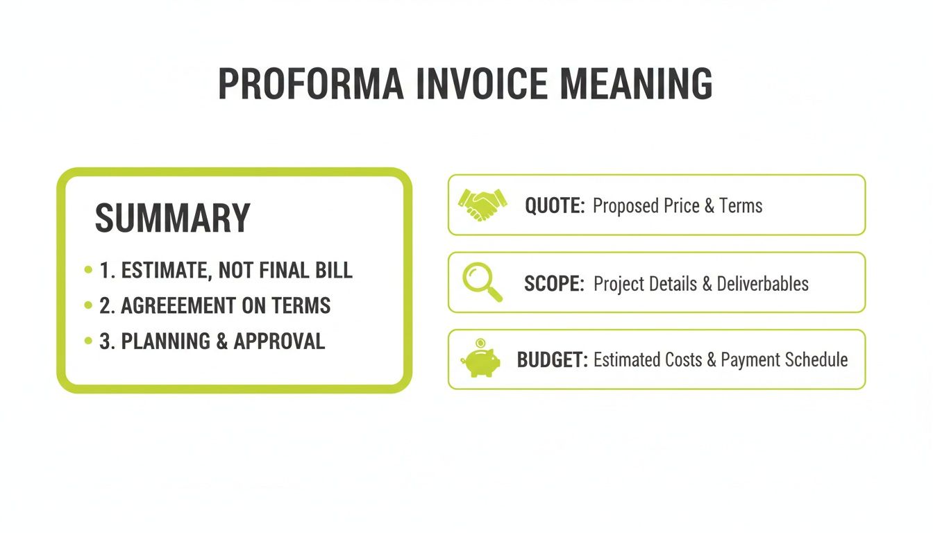 Detailed infographic on Proforma Invoice meaning, outlining its summary, quote, scope, and budget.