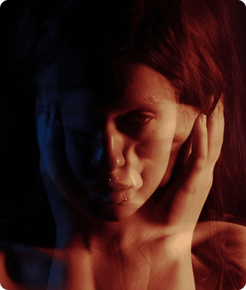 Portrait photograph with a beautiful face distorted by a photographic time-dilation effect