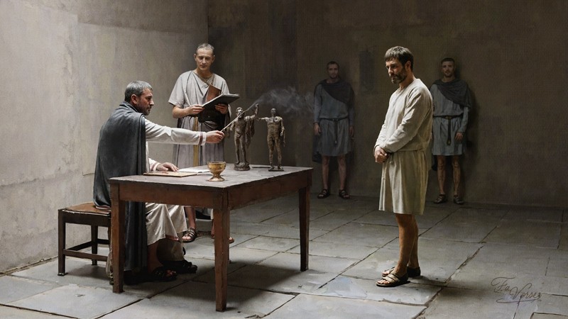 Sacred artwork by Faith and Verse. © Faith and Verse, 2026. All rights reserved. Christian prisoner questioned by Roman prefect, official examining charges with scribe recording, Rome c. 269 AD.