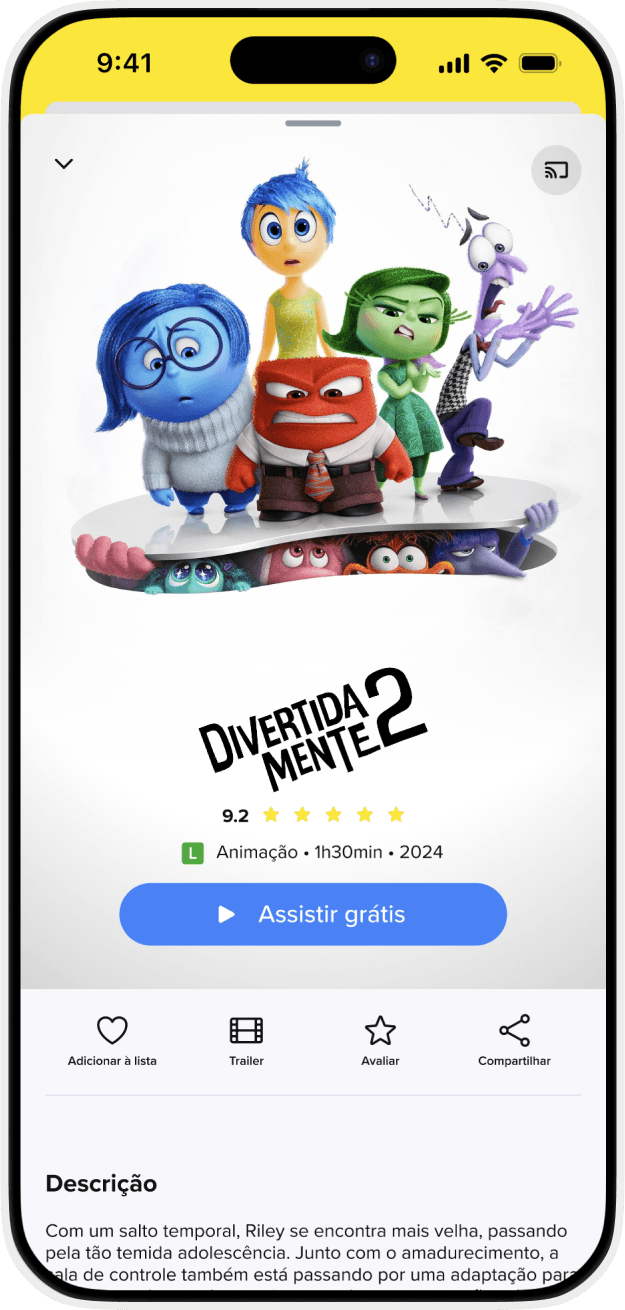 The image shows a smartphone screen displaying a movie poster for "Inside Out 2" (Divertida Mente 2 in Portuguese). The poster features animated characters representing different emotions: Sadness, Joy, Anger, Disgust, and Fear. The movie has a rating of 9.2 stars and is categorized as an animation with a duration of 1 hour and 30 minutes, set to be released in 2024. There is a button labeled "Watch for free" and options to add to the list, watch the trailer, rate, and share. Below the poster, there is a description in Portuguese about the movie's plot, mentioning Riley's growth and the challenges of adolescence. Transcription of the text in the image: "Divertida Mente 2 9.2 Animação • 1h30min • 2024 Assistir grátis Descrição Com um salto temporal, Riley se encontra mais velha, passando pela tão temida adolescência. Junto com o amadurecimento, a sala de controle também está passando por uma adaptação para...