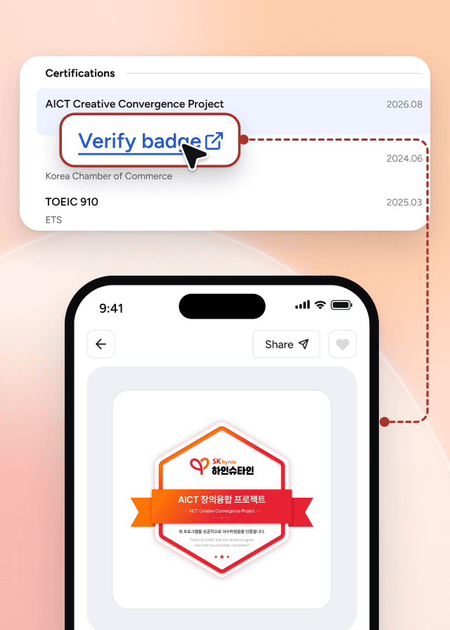 A résumé listing SK hynix's AICT Creative Convergence Project with a badge link, and the Certi badge page that opens from it