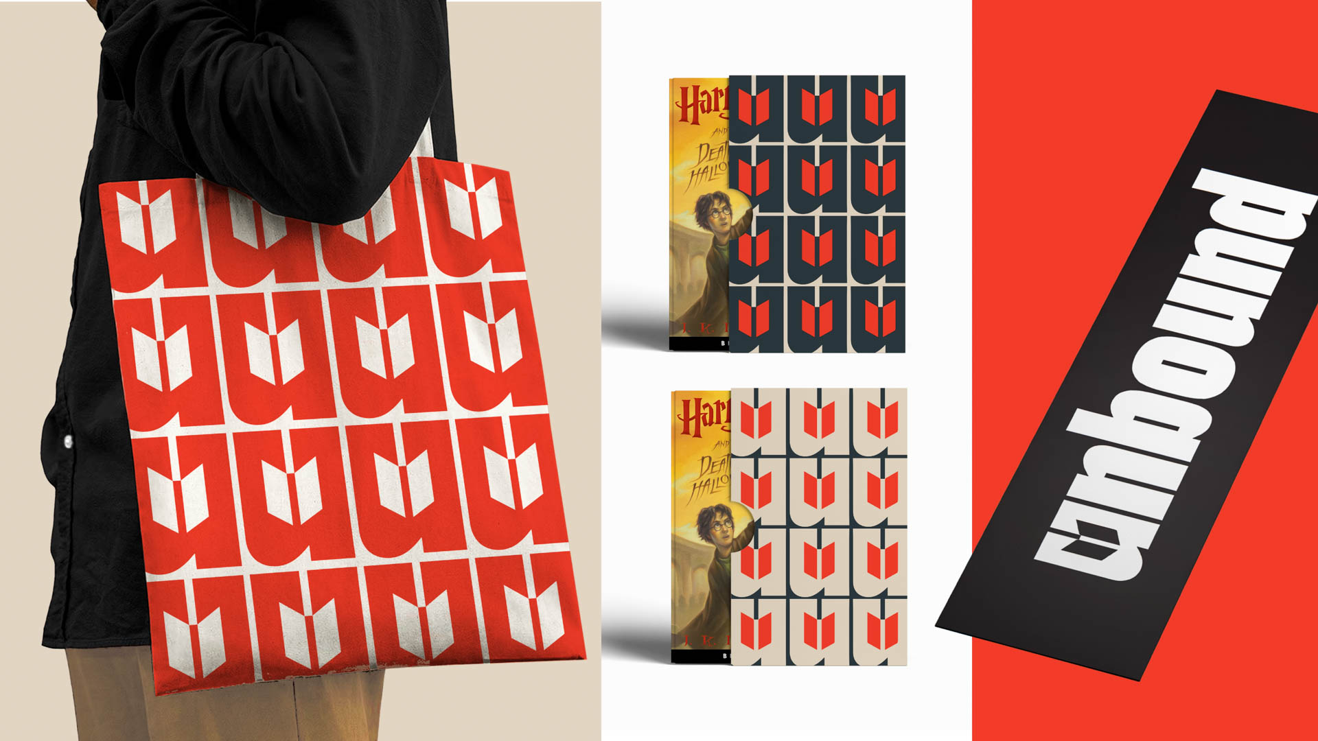 A person holds a tote bag with a repeating pattern of white "U" shapes on a red background. The bag is positioned on the left side of the image. To the right, two variations of the Harry Potter book cover are displayed: one with a yellow background and a black-and-white grid of U shapes, the other with a yellow background and a red-and-white grid of U shapes. The word "Dunbun" is superimposed on the right side of the image in white letters on a black background.