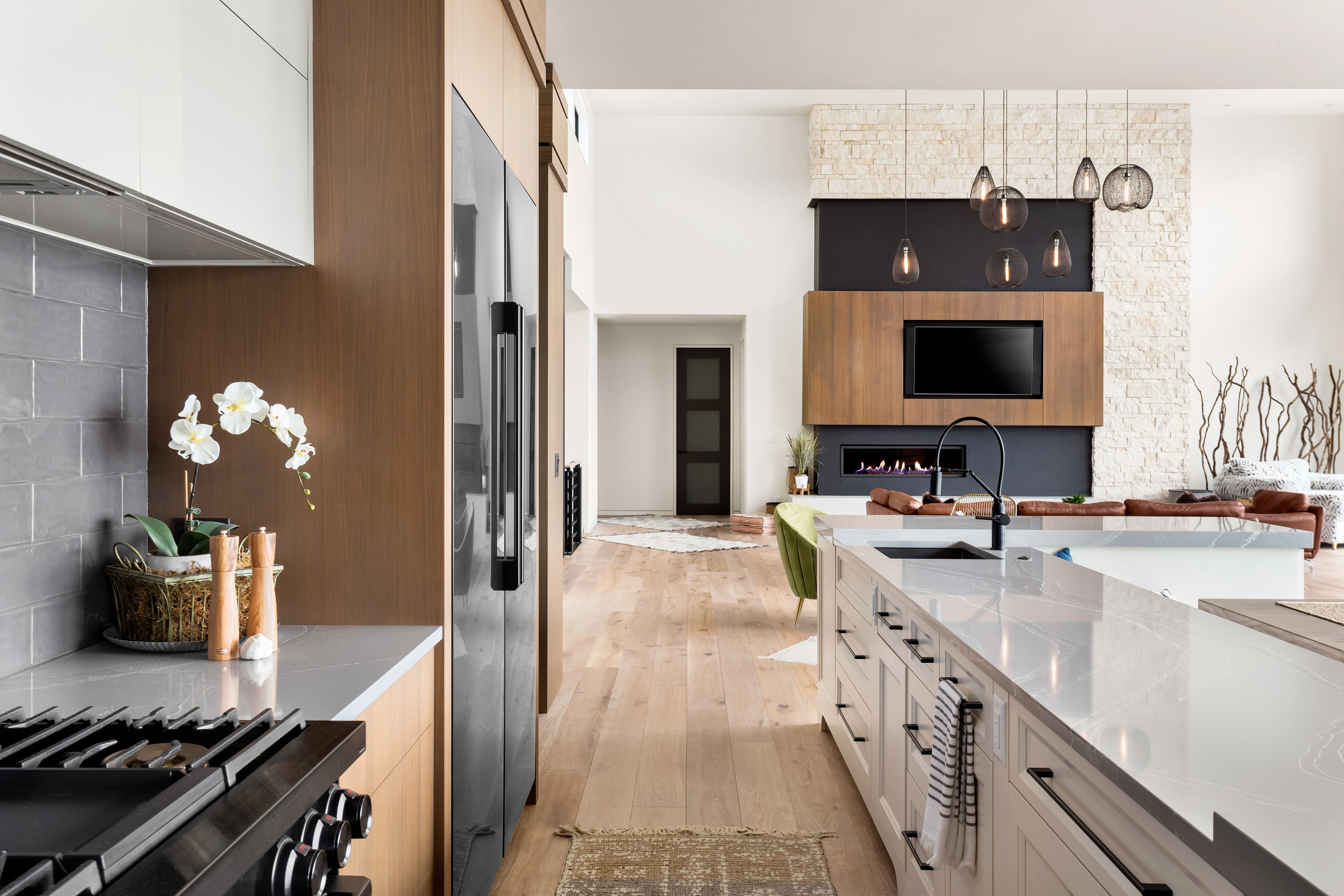 Modern open concept kitchen and living room interior