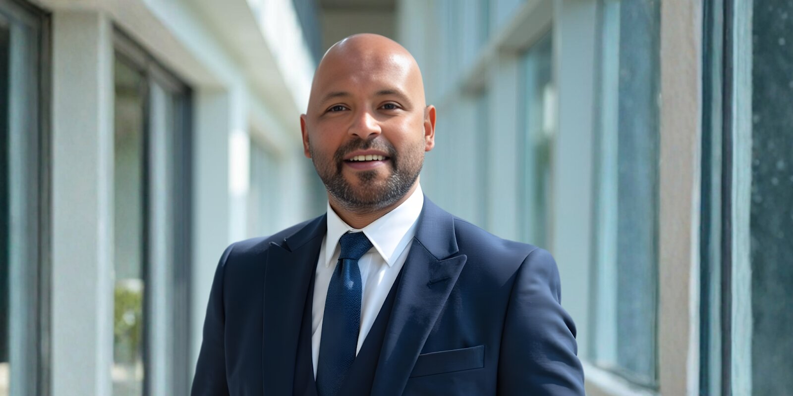 A bald man dressed in a suit and tie smiles warmly, reflecting a blend of confidence and friendliness in a corporate environment.