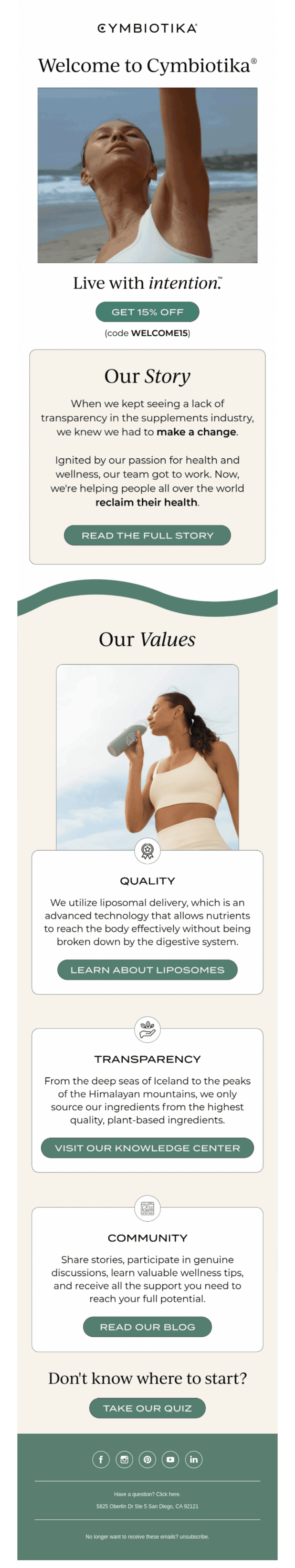 Welcome email from Cymbiotika showcasing their focus on health, wellness, and supplements. Includes an image of a serene woman, a 15% off discount code, and highlights of their values: quality, transparency, and community