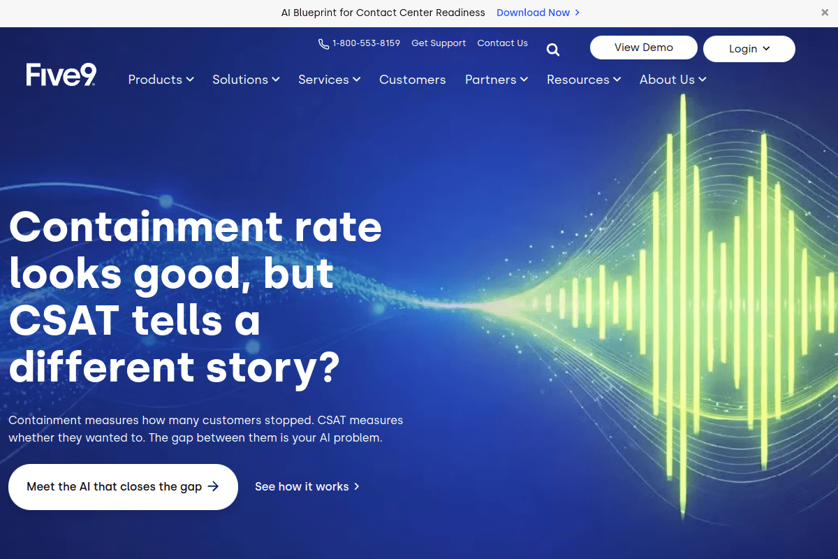 Five9 homepage headlined Containment rate looks good, but CSAT tells a different story, a cloud contact center platform