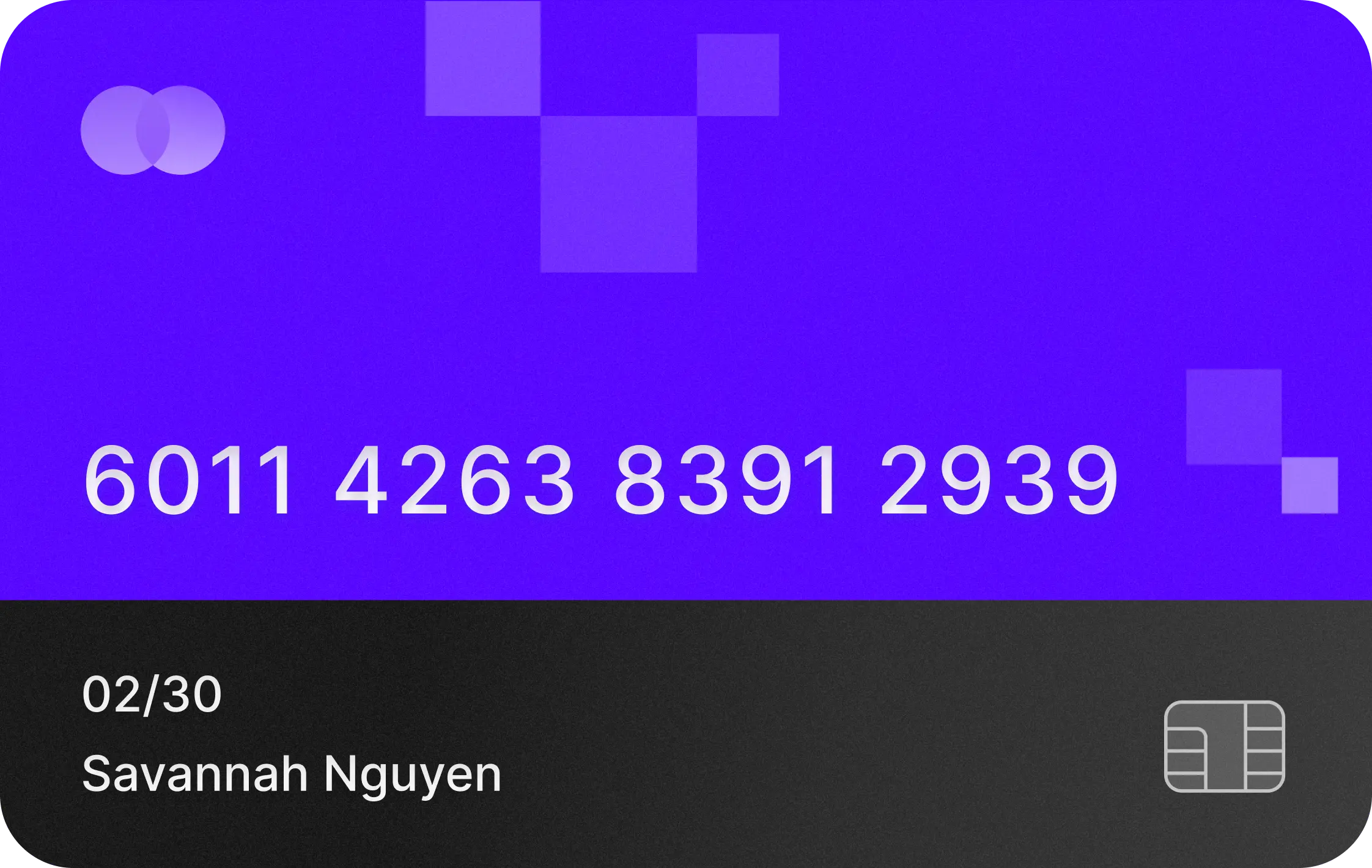 Image of a purple and black credit card with abstract shapes and a series of numbers on the front.