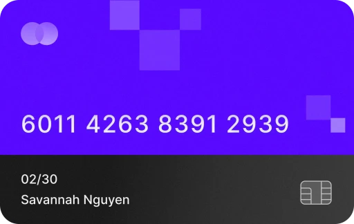 Image of a purple and black credit card with abstract shapes and a series of numbers on the front.