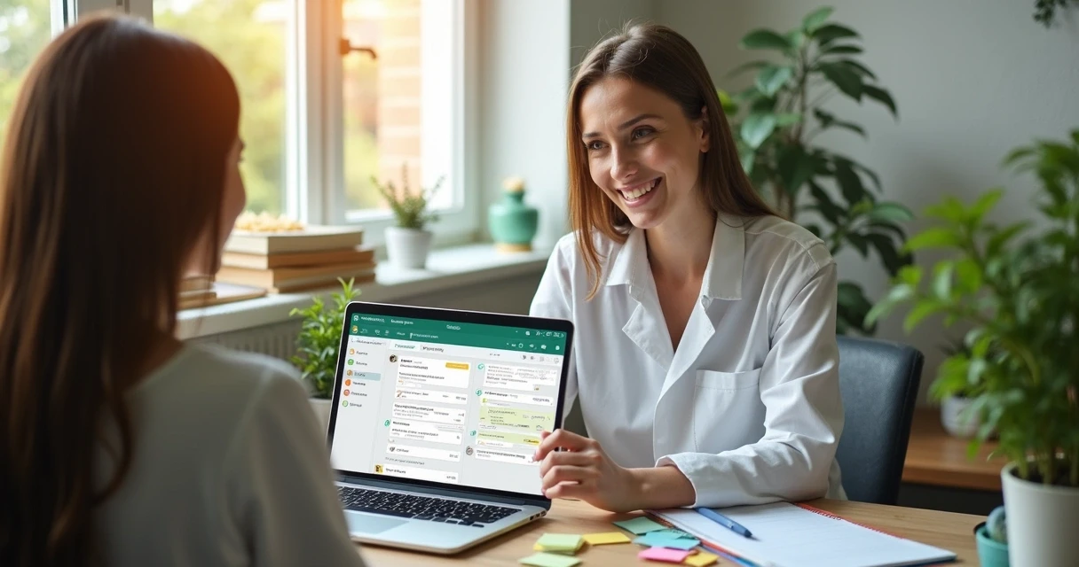 Nutricionista em início de consultório atendendo paciente, com notebook, WhatsApp aberto e lista de tarefas ao lado 