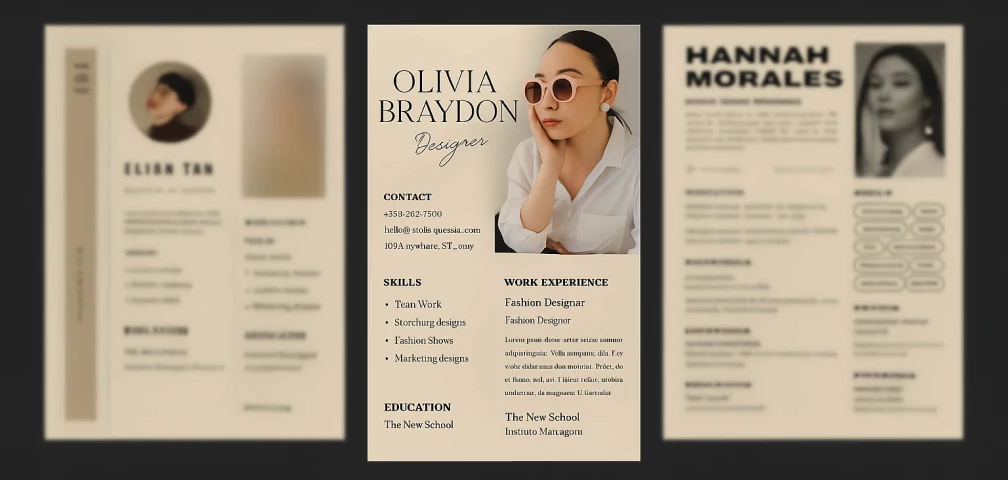 A set of three modern resume templates showcasing different professional designs with photos, skills, experience, and education sections.