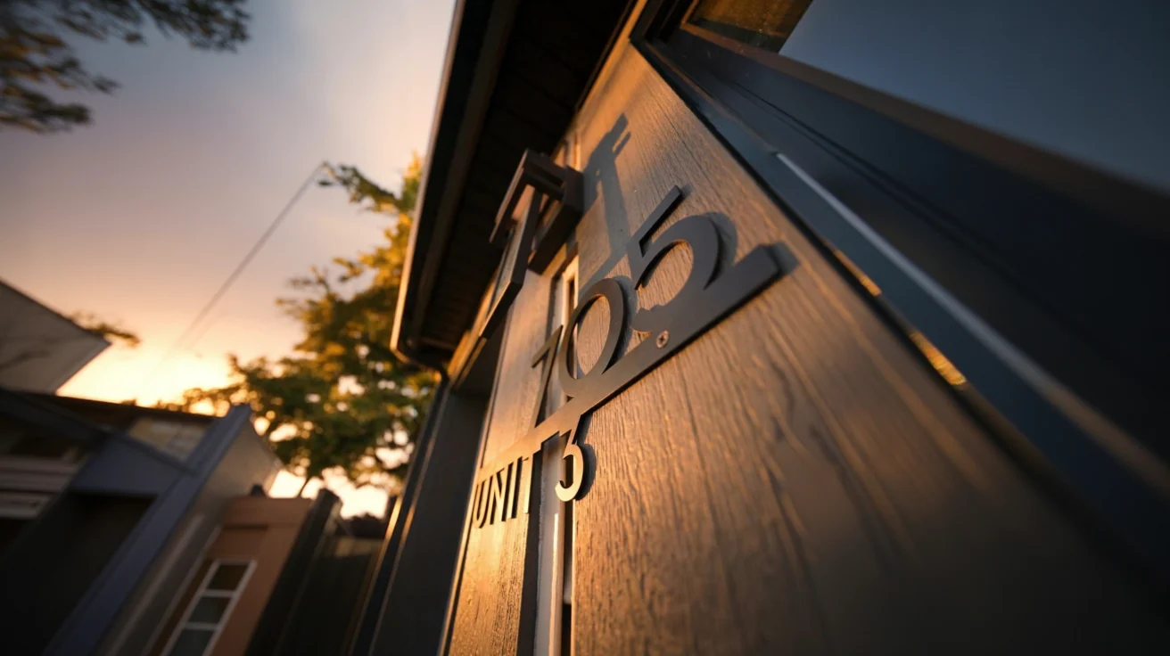 Vancouver Custom Homes West 68th laneway home unit address number on dark wood exterior siding at golden hour, Vancouver BC
