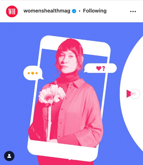 An Instgrame photo with a duotone photo-illustration of a woman holding a flower framed by a cellphone shape. On a cobalt background