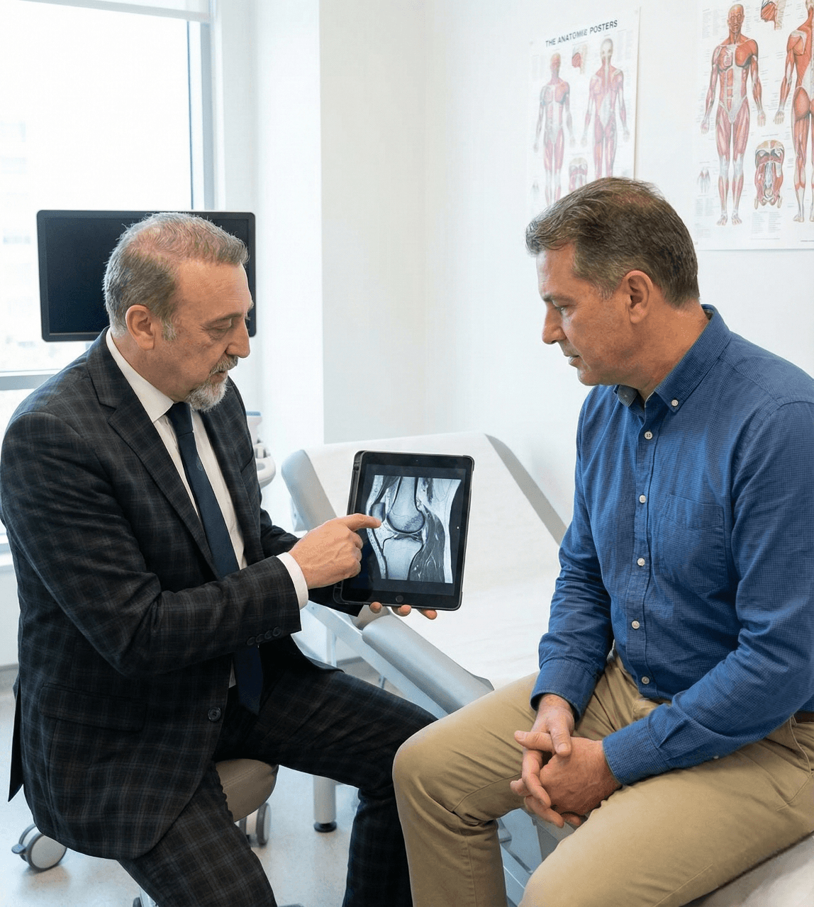 Orthopedic doctor showing knee X-ray with signs of arthritis to the patient.